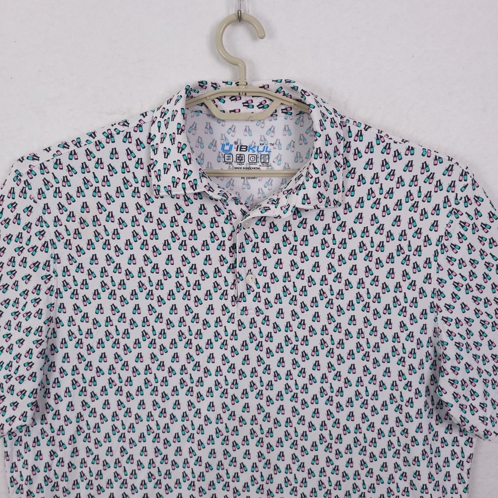 IBKUL Polo Shirt Mens XL White Wine Bottle Print Golf Performance UPF 50 Polo